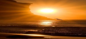 Sunrise on the ocean with a wave touching the shore